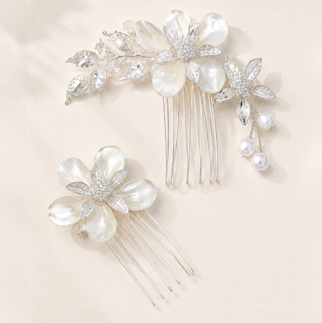 Shell Flower Wedding Comb with Silver Leaves