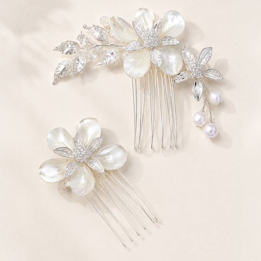 Shell Flower Wedding Comb with Silver Leaves