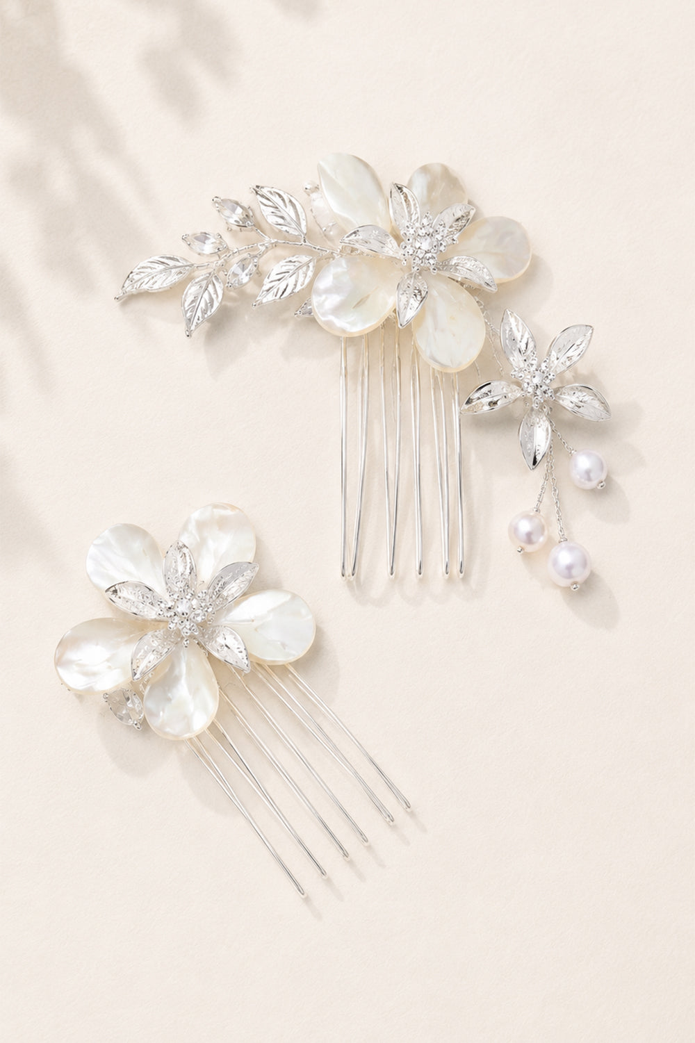 Shell Flower Wedding Comb with Silver Leaves