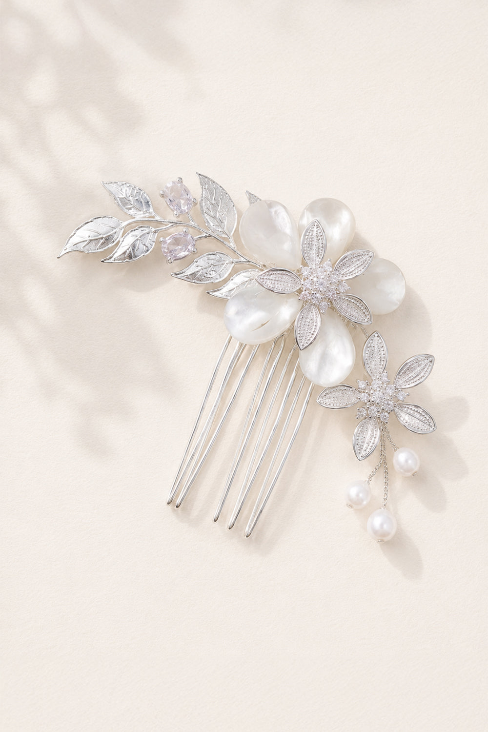 Shell Flower Wedding Comb with Silver Leaves