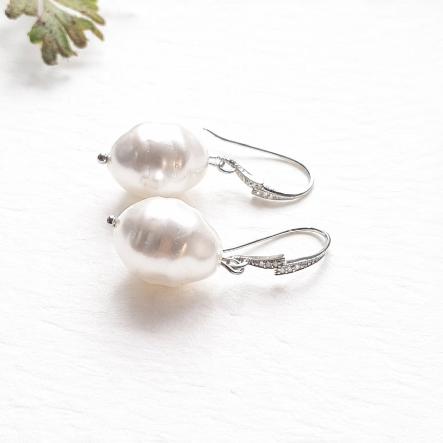 Silver Baroque Pearl Hook Earrings - Modern Bridal Jewelry