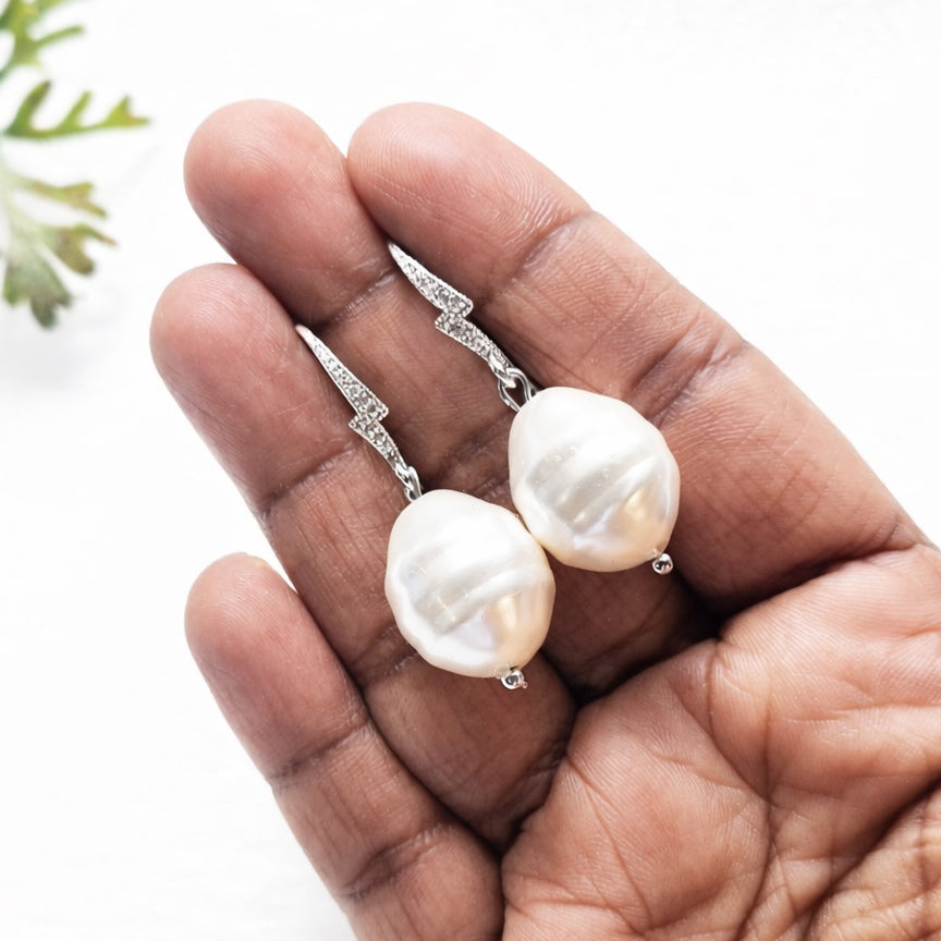 Silver Baroque Pearl Hook Earrings - Modern Bridal Jewelry