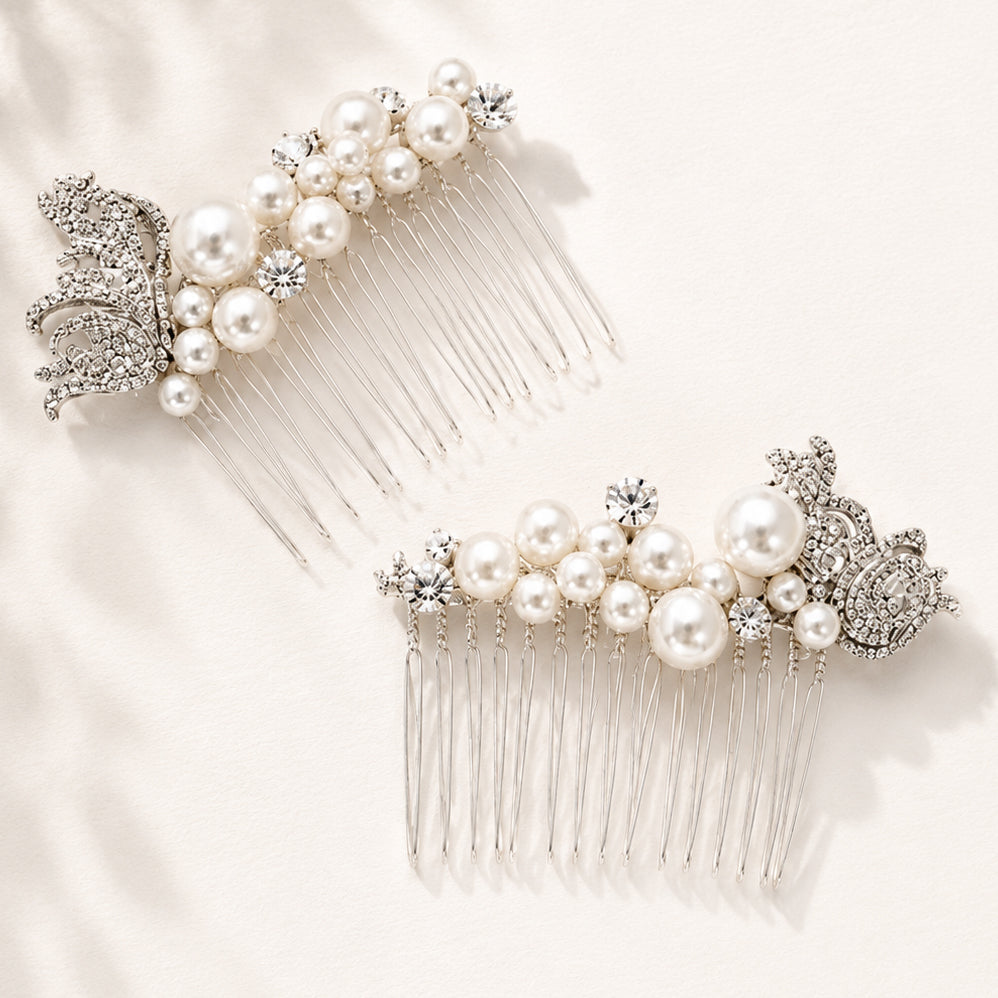Crystal Butterfly & Pearl Hair Comb for Bride - Set of 2 pcs