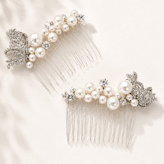 Crystal Butterfly & Pearl Hair Comb for Bride - Set of 2 pcs