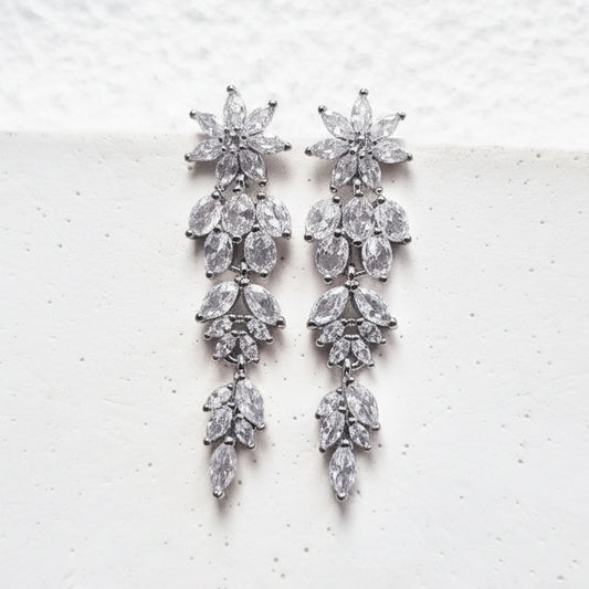 Silver CZ Leaf Chandelier Dangle Earrings