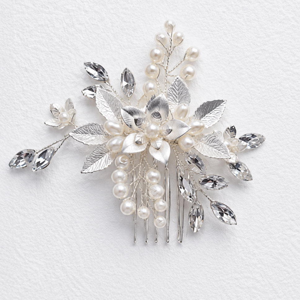 Silver Leaf Bridal Hair Comb with Pearls