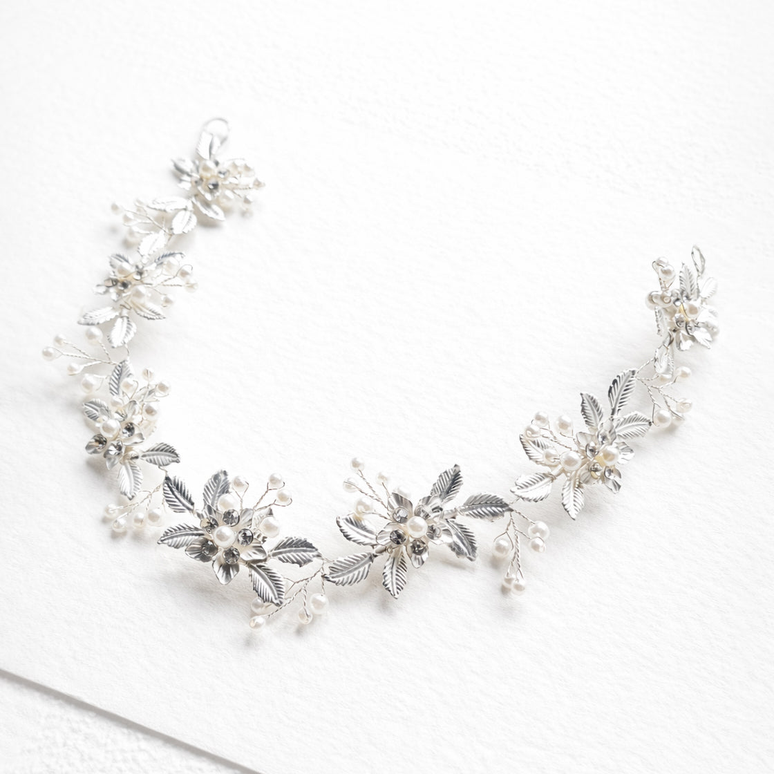 Silver Leaf Bridal Headband with Crystals and Pearls