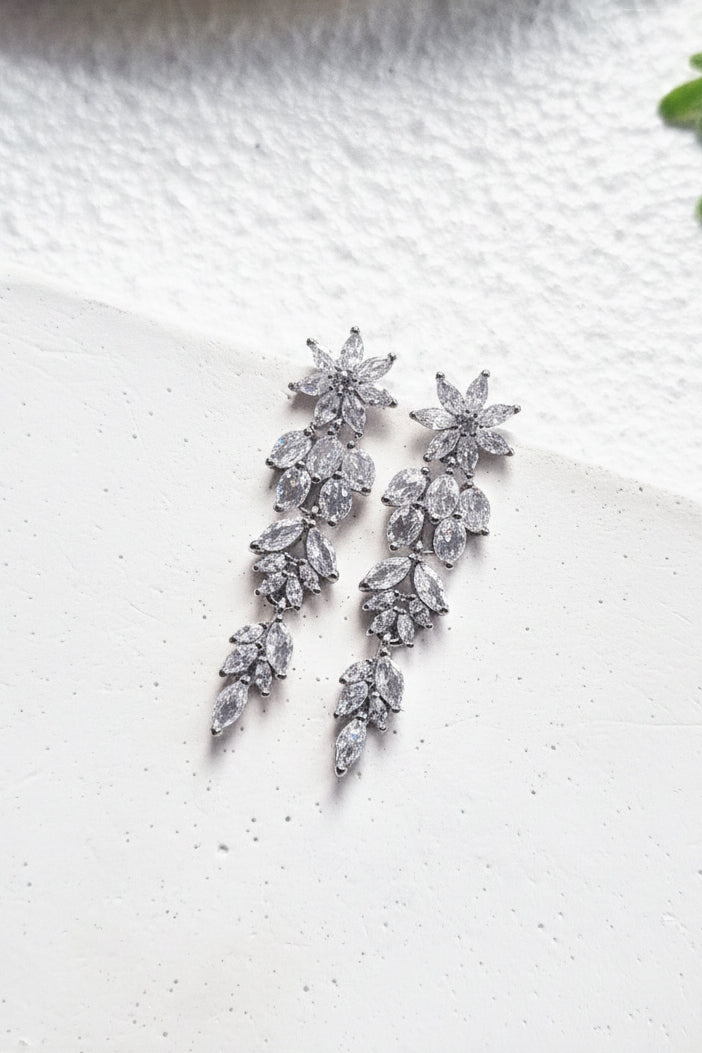 Silver CZ Leaf Chandelier Dangle Earrings