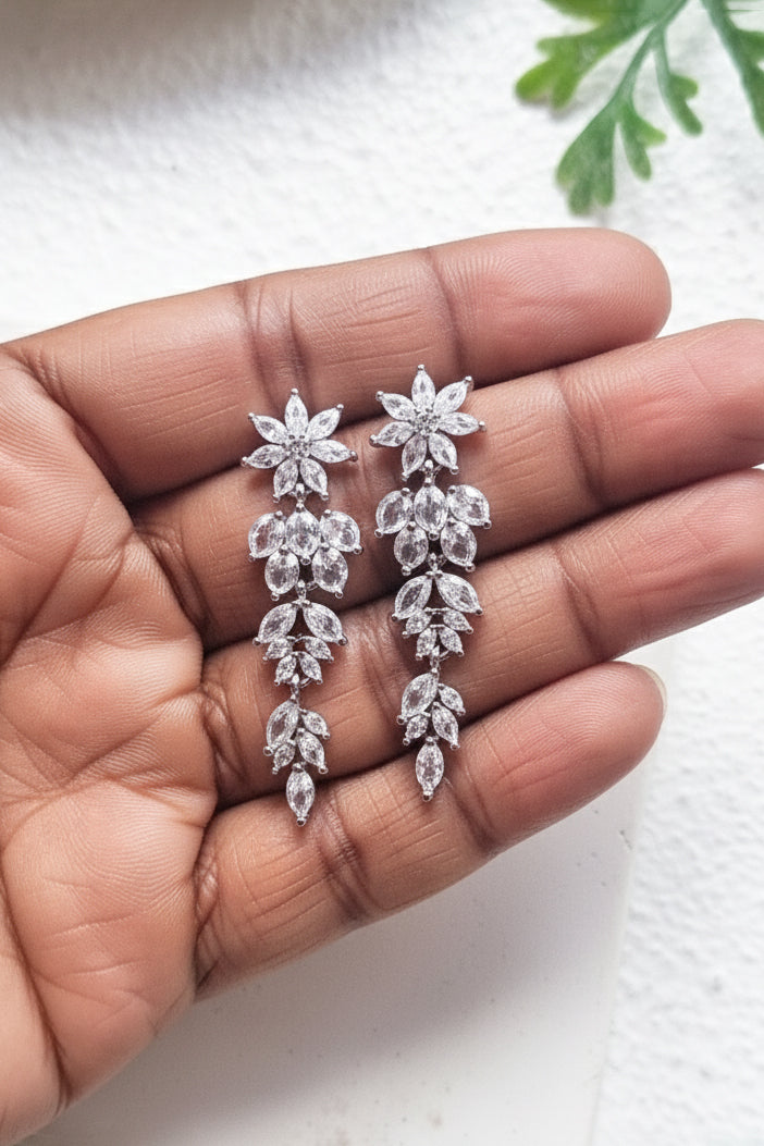 Silver CZ Leaf Chandelier Dangle Earrings
