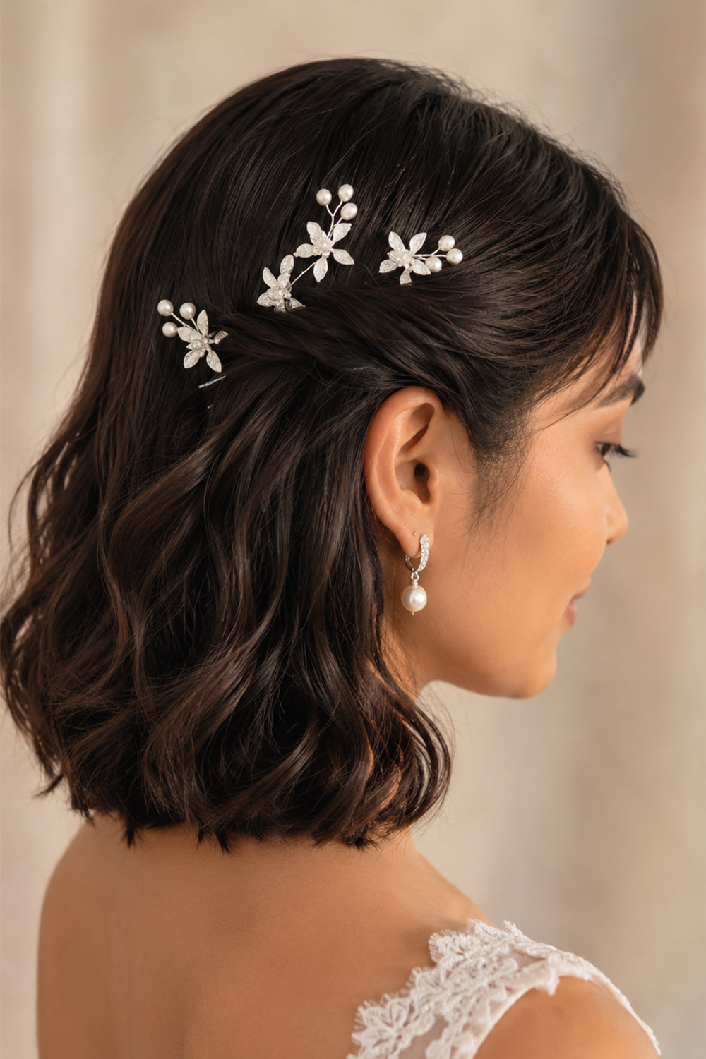 Silver Flower and Pearl Dainty Hair Pins - 3pc Bridal Set