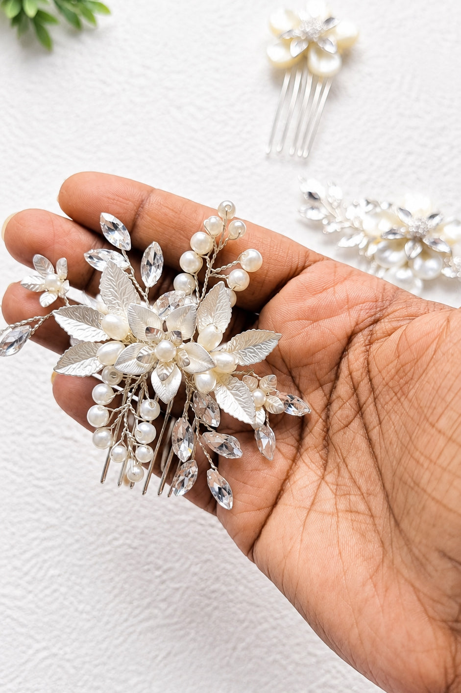 Silver Leaf Bridal Hair Comb with Pearls