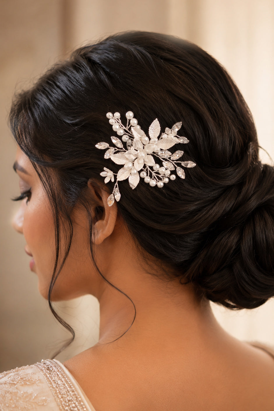 Silver Leaf Bridal Hair Comb with Pearls