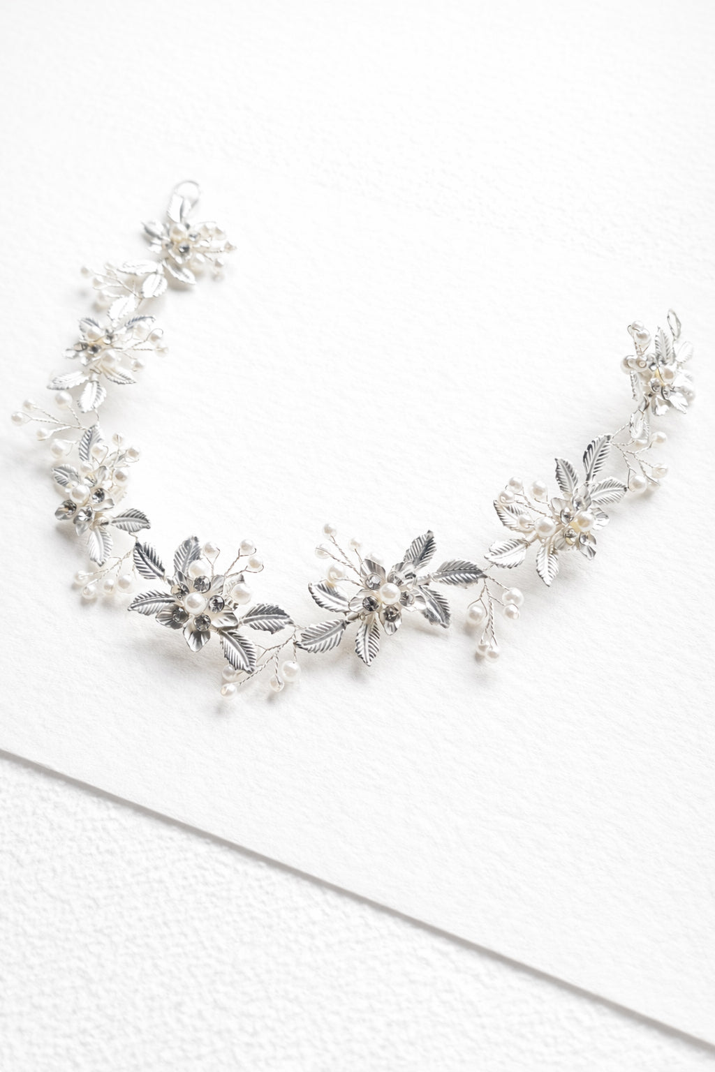 Silver Leaf Bridal Headband with Crystals and Pearls