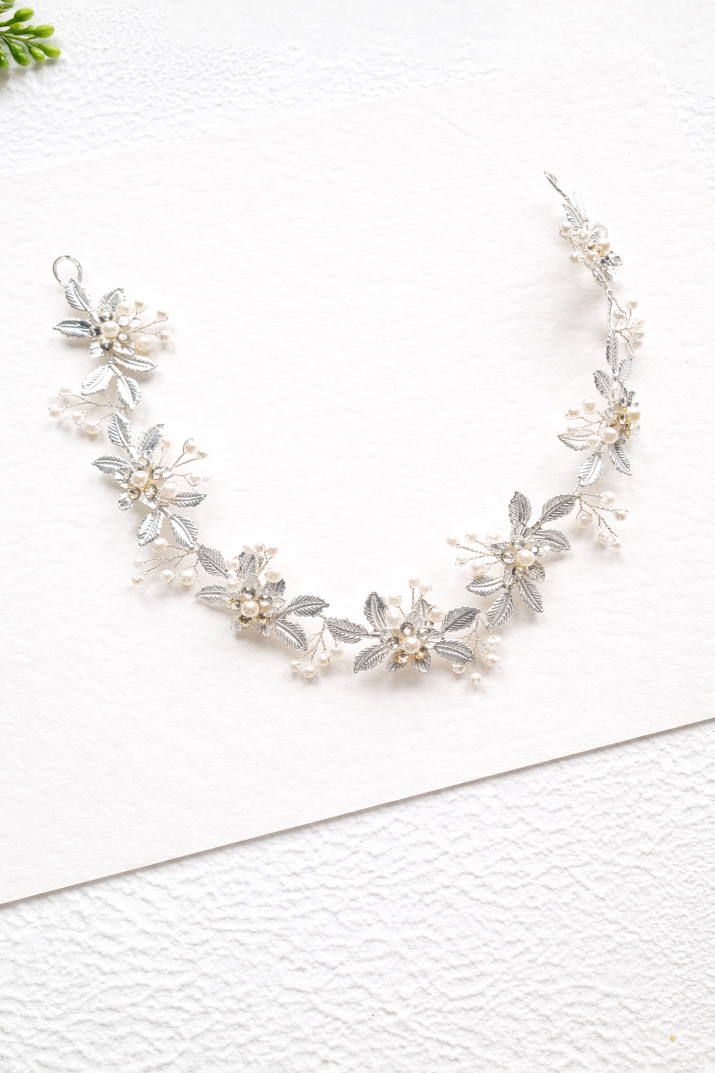 Silver Leaf Bridal Headband with Crystals and Pearls
