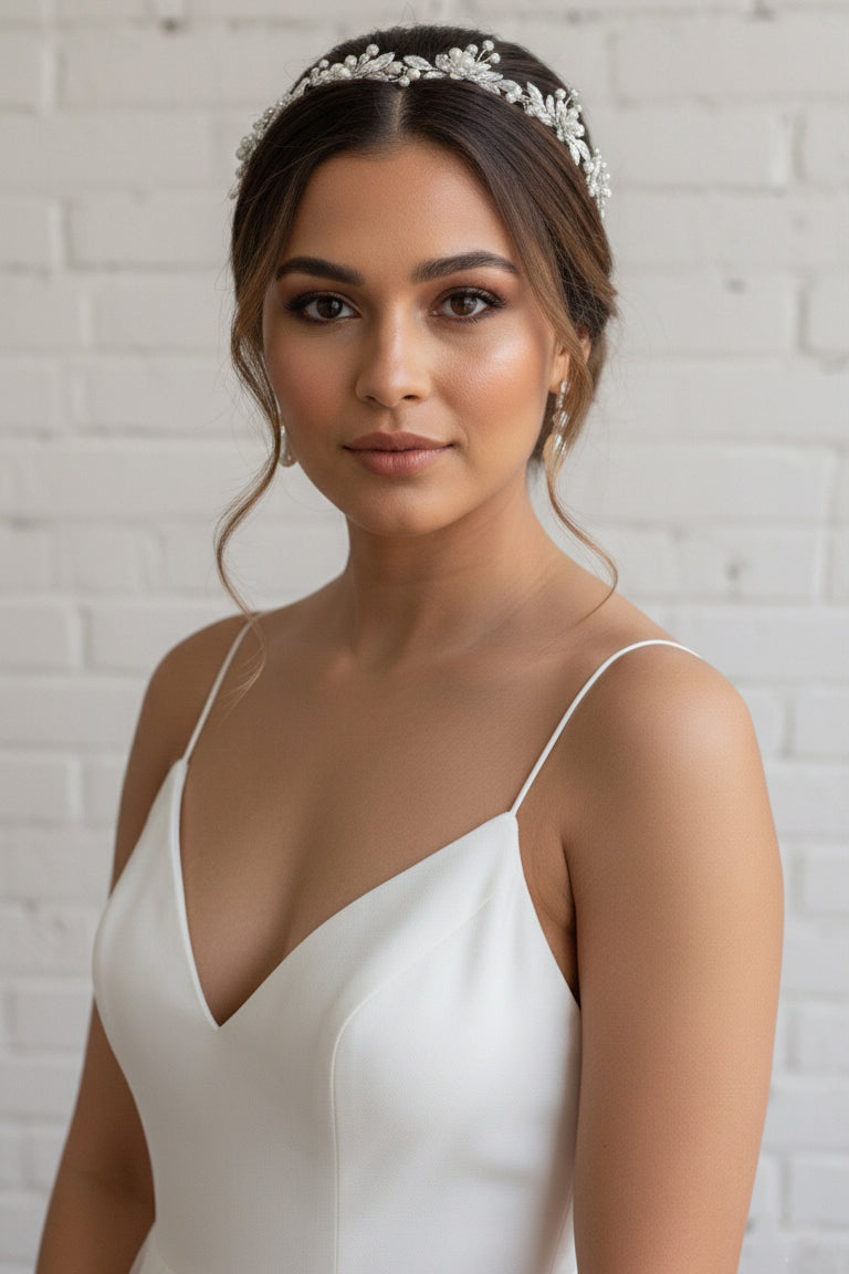 Silver Leaf Bridal Headband with Crystals and Pearls