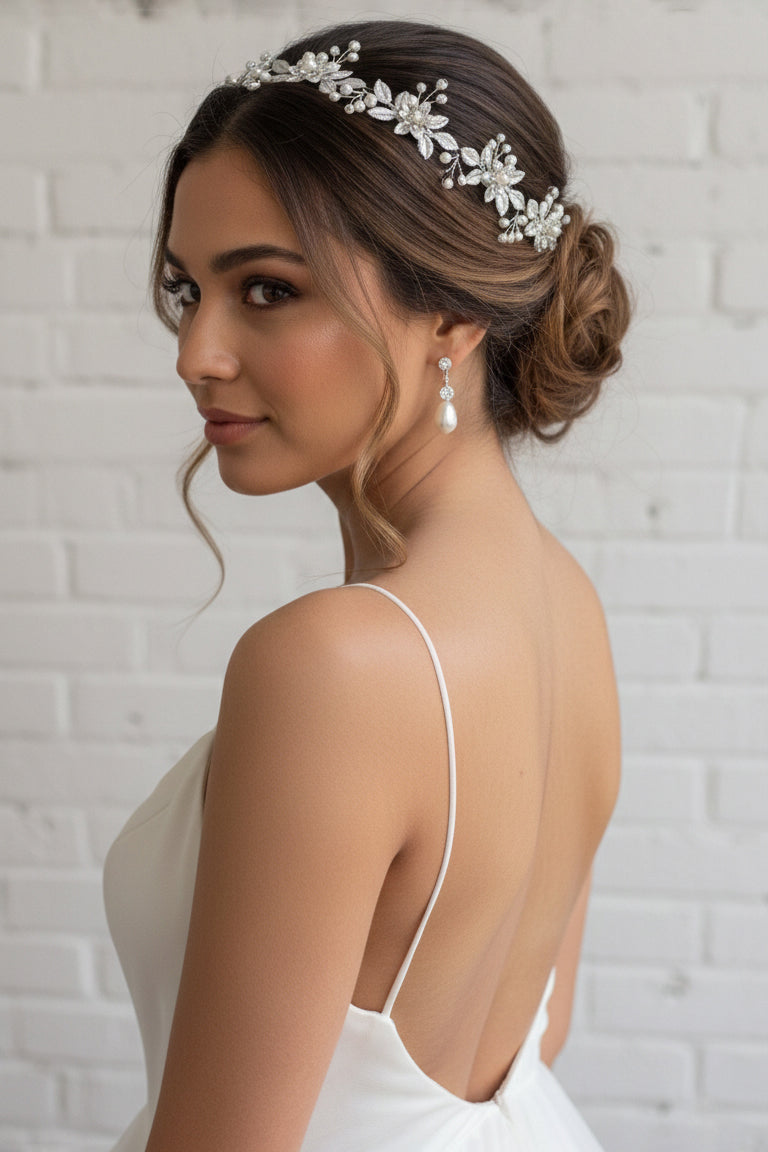 Silver Leaf Bridal Headband with Crystals and Pearls