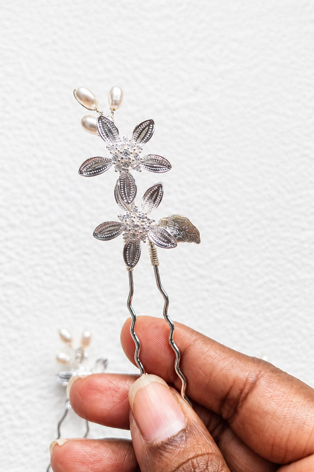 Silver Flower and Pearl Dainty Hair Pins - 3pc Bridal Set