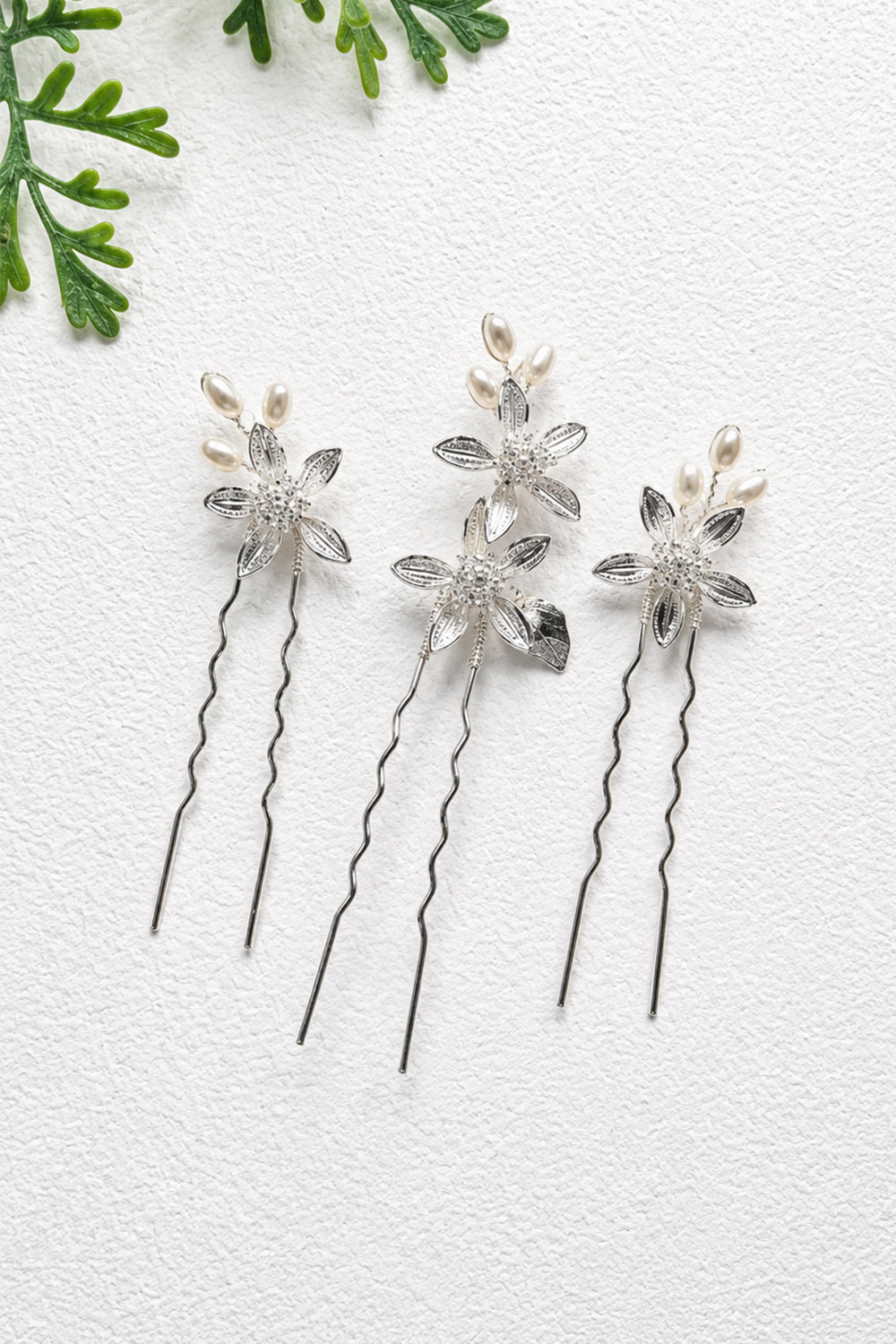 Silver Flower and Pearl Dainty Hair Pins - 3pc Bridal Set