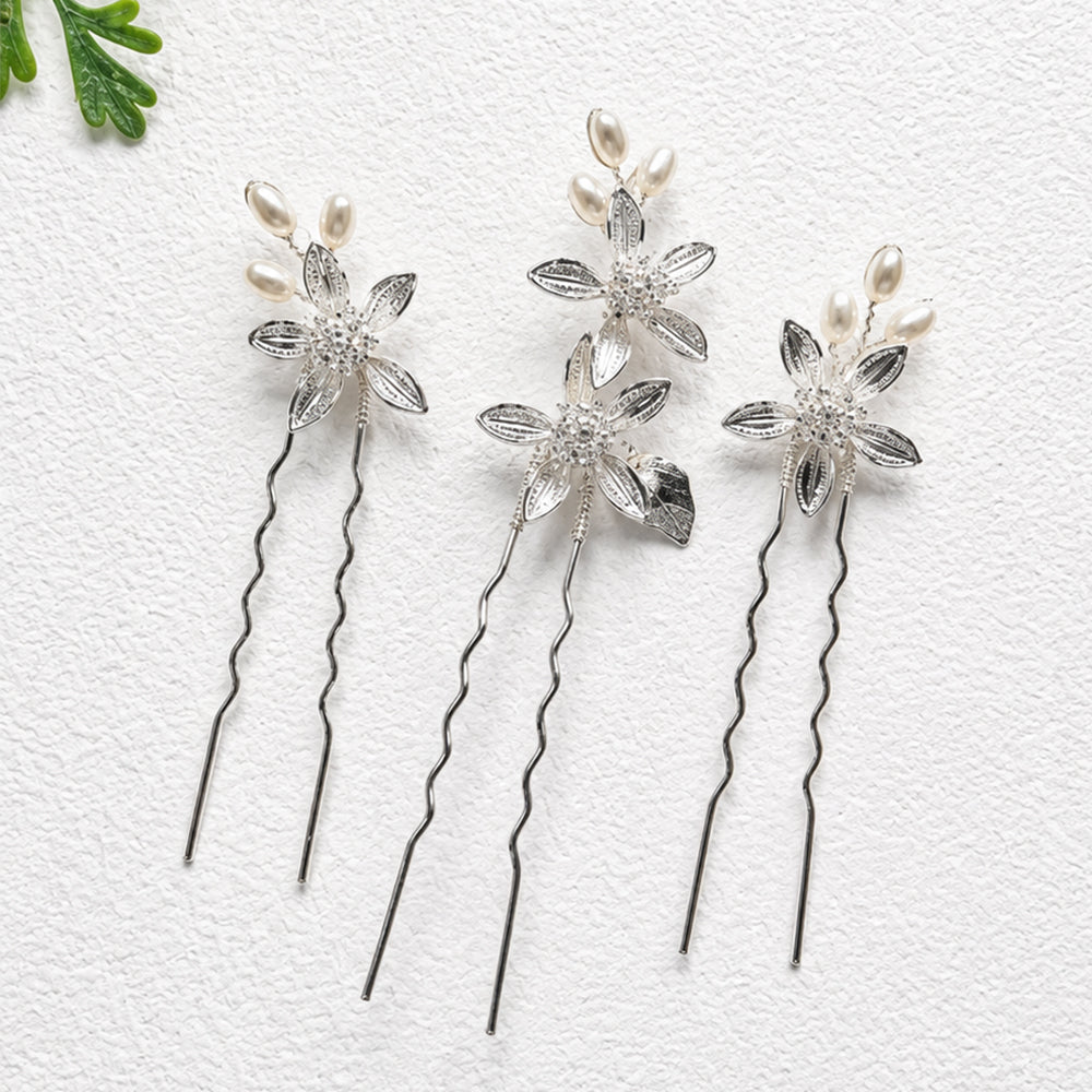 Silver Flower and Pearl Dainty Hair Pins - 3pc Bridal Set