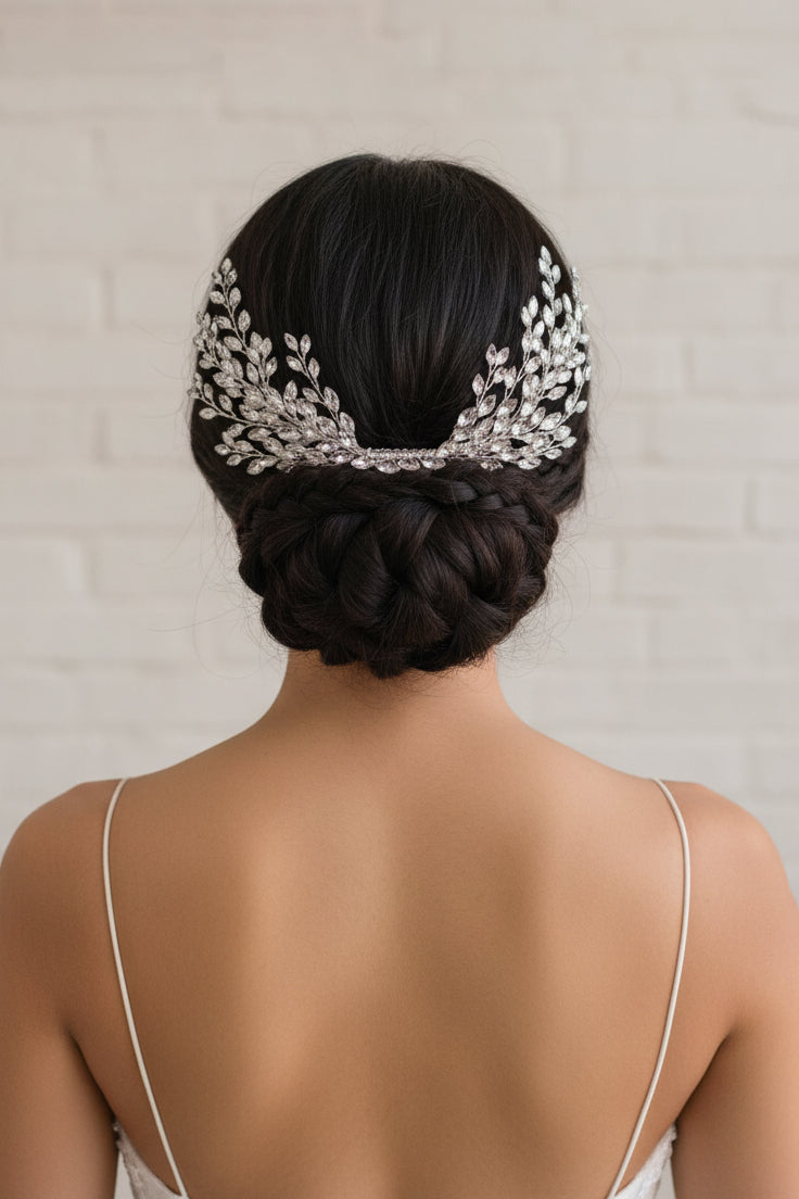 Sparkling Crystal Leaf Hair Comb – Silver