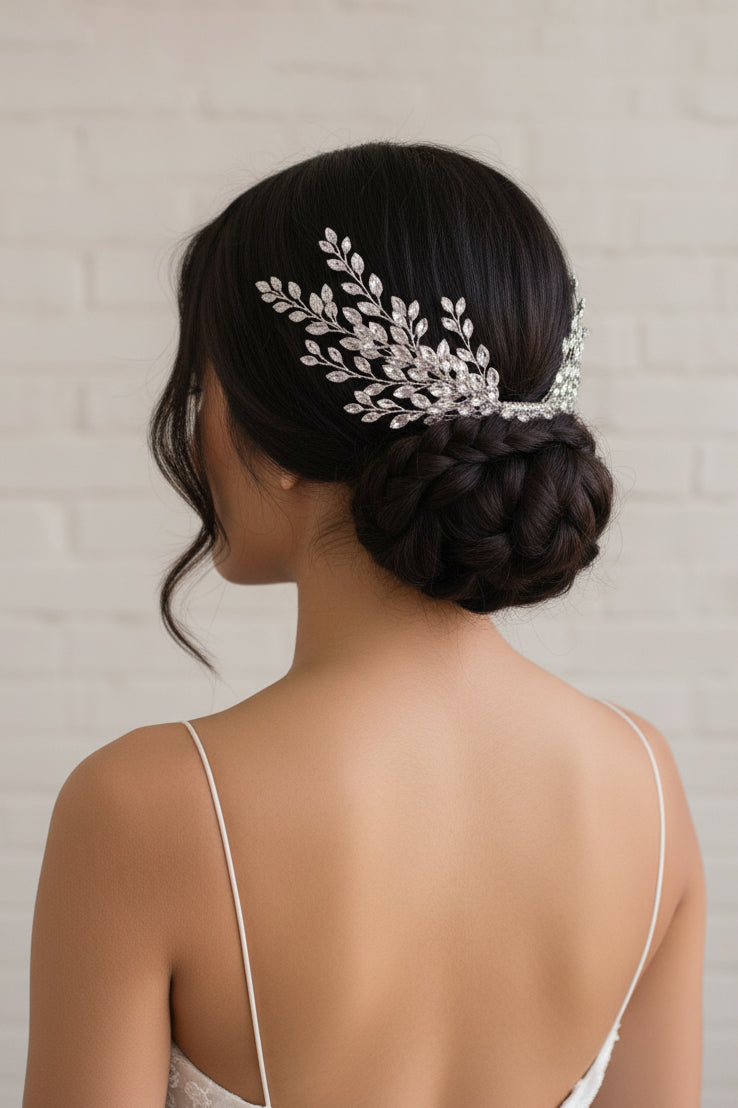 Sparkling Crystal Leaf Hair Comb – Silver