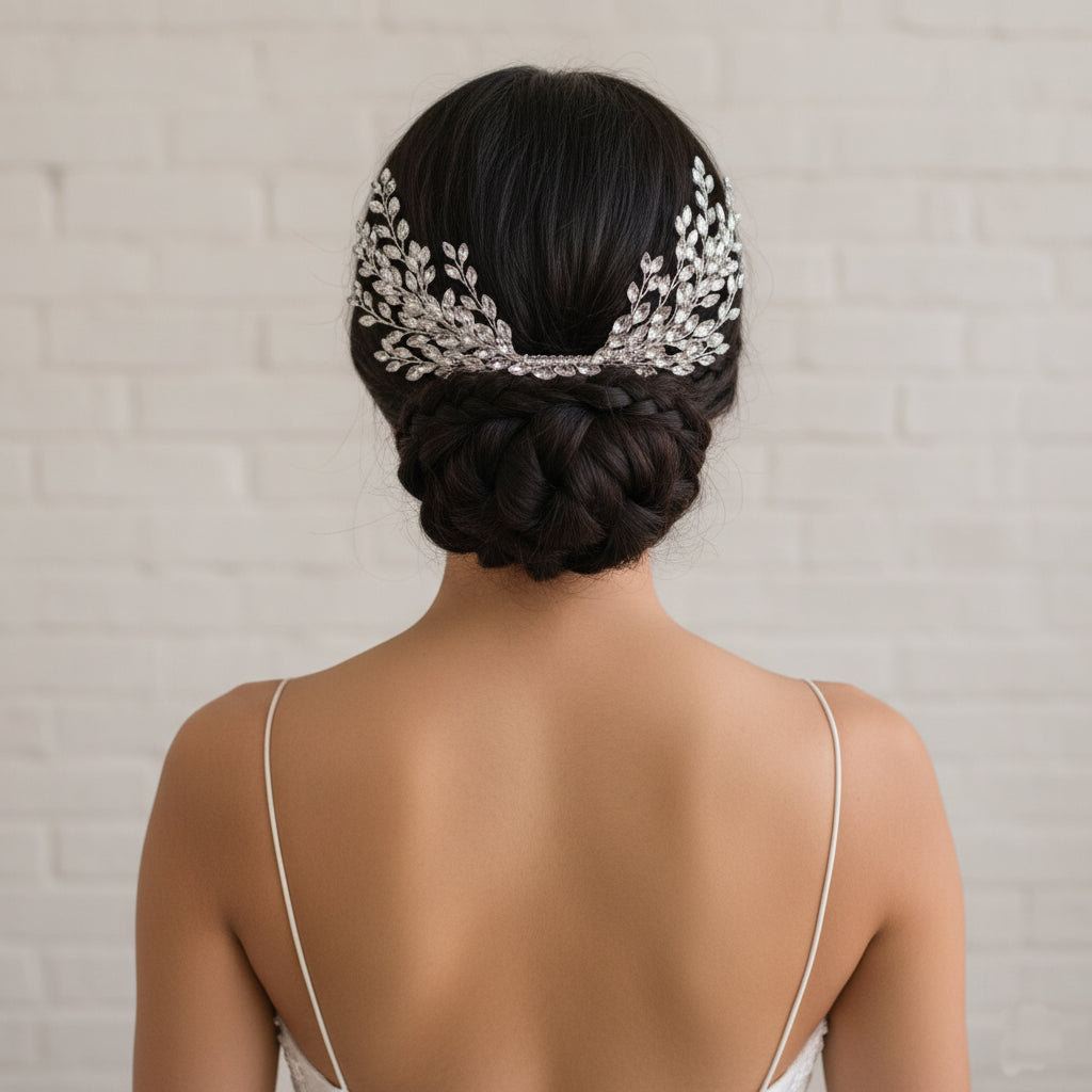 Sparkling Crystal Leaf Hair Comb – Silver