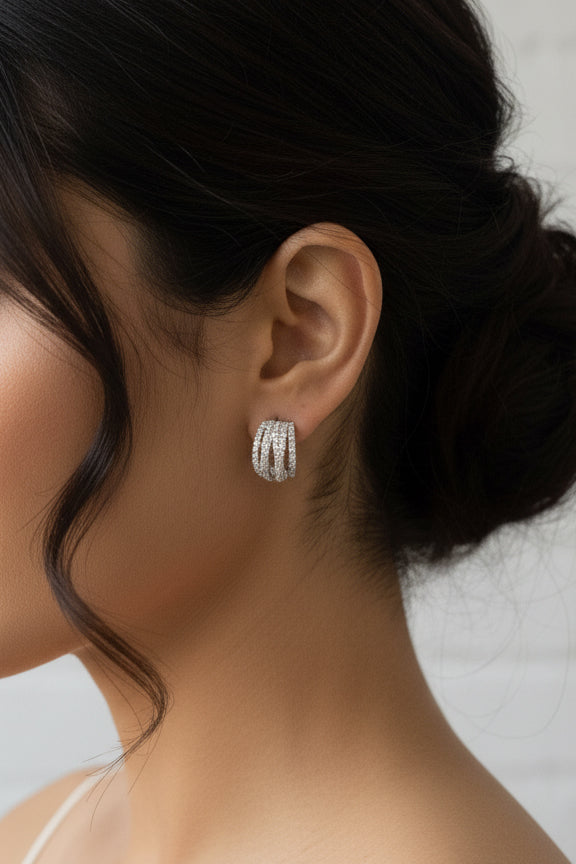 Wide Silver CZ Multi Row Hoop Earrings