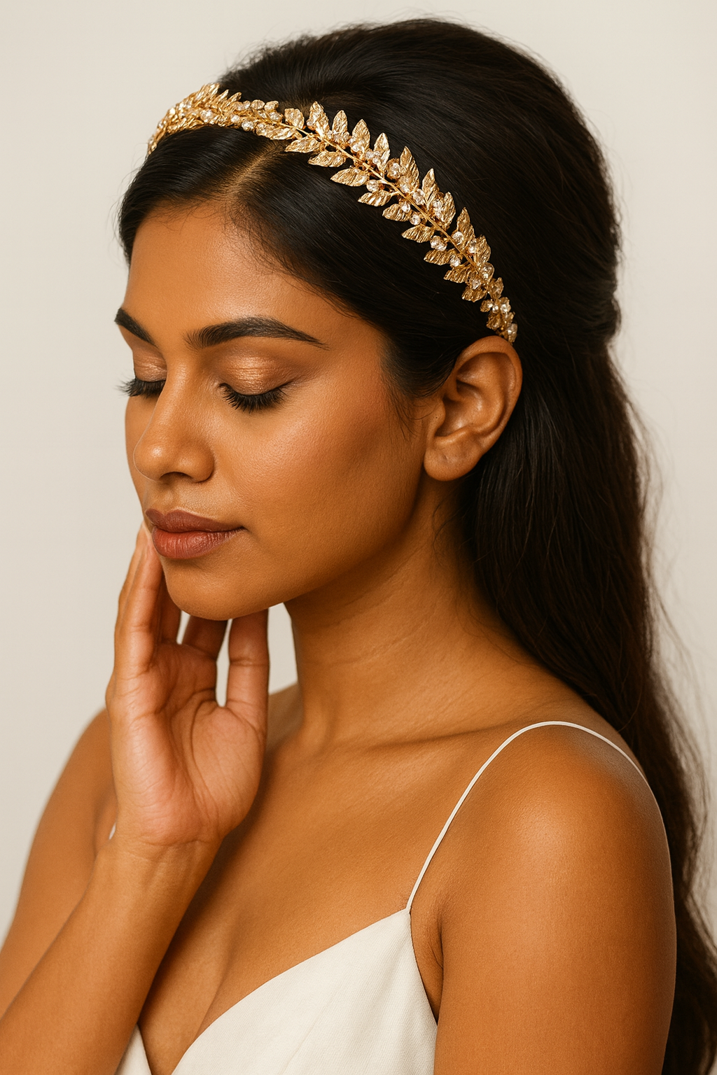 Woman wearing a gold leaf headband against a neutral background
