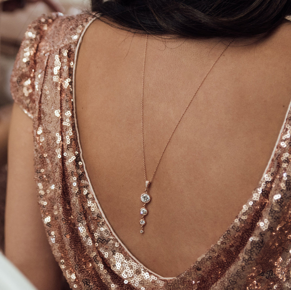 Rose gold bridal back necklace for low back wedding dress   