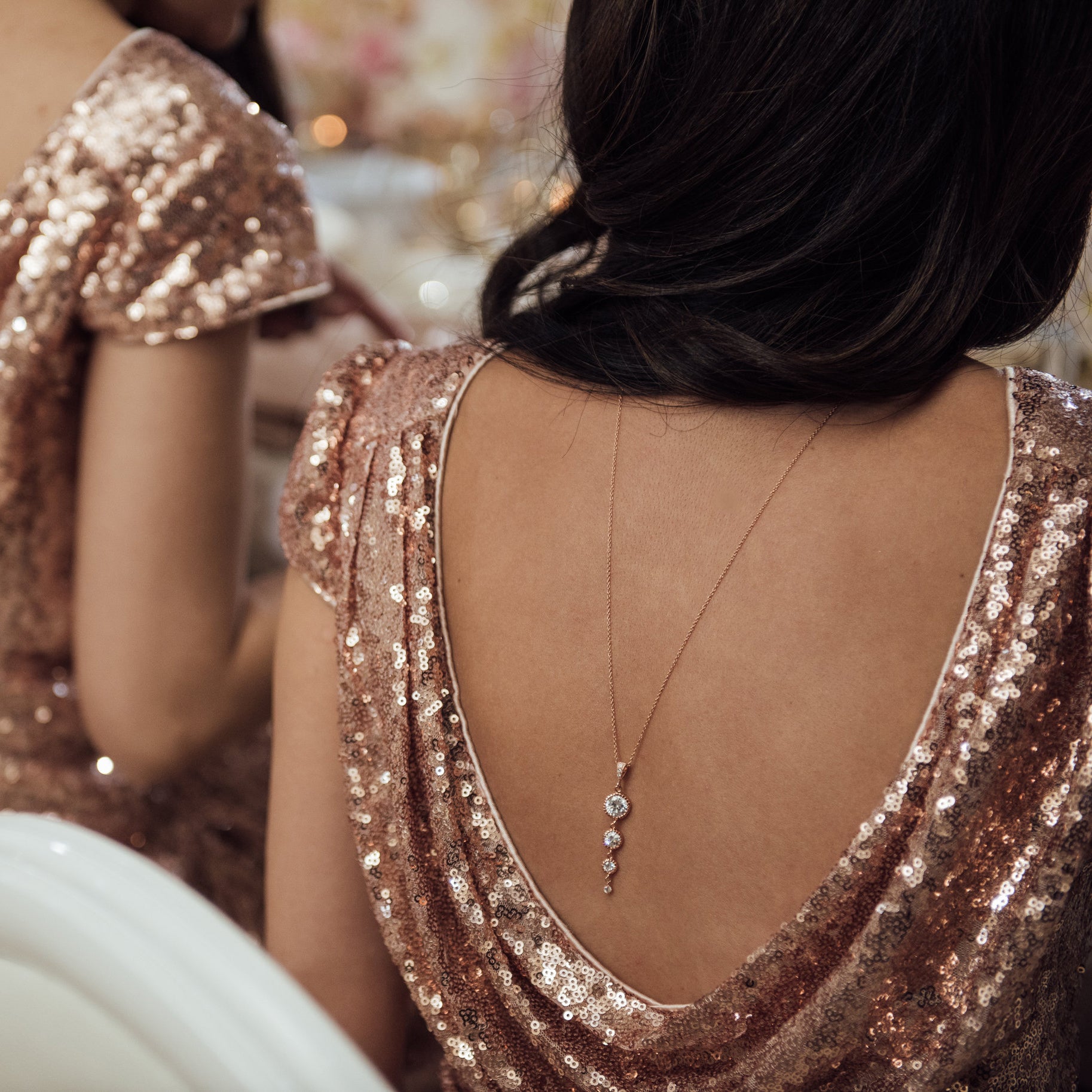 Rose gold bridal back necklace for low back wedding dress   