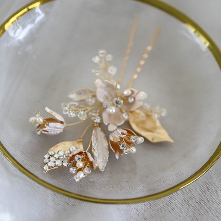 Floral Hair Pin for Wedding - Gold, Set of 2