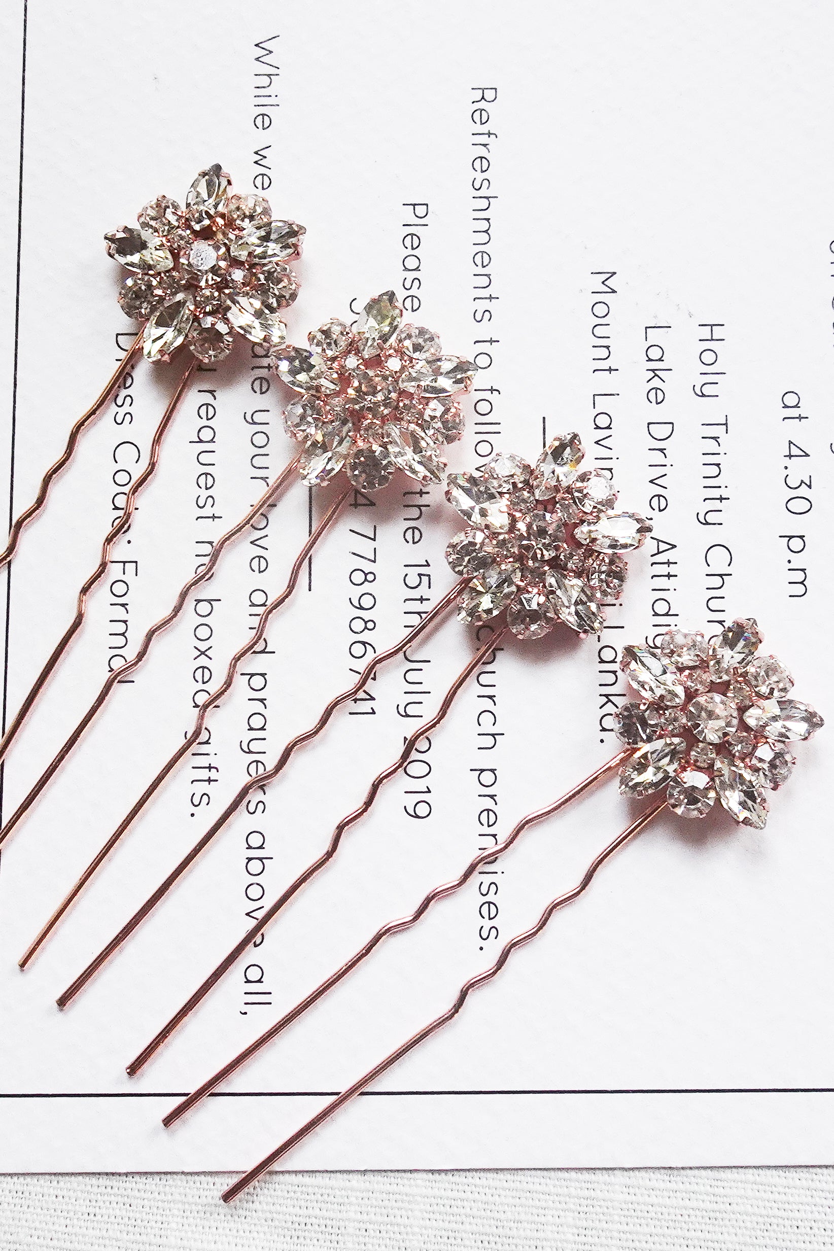 Rose gold flower Crystal Hair Pins for Wedding Set of  4