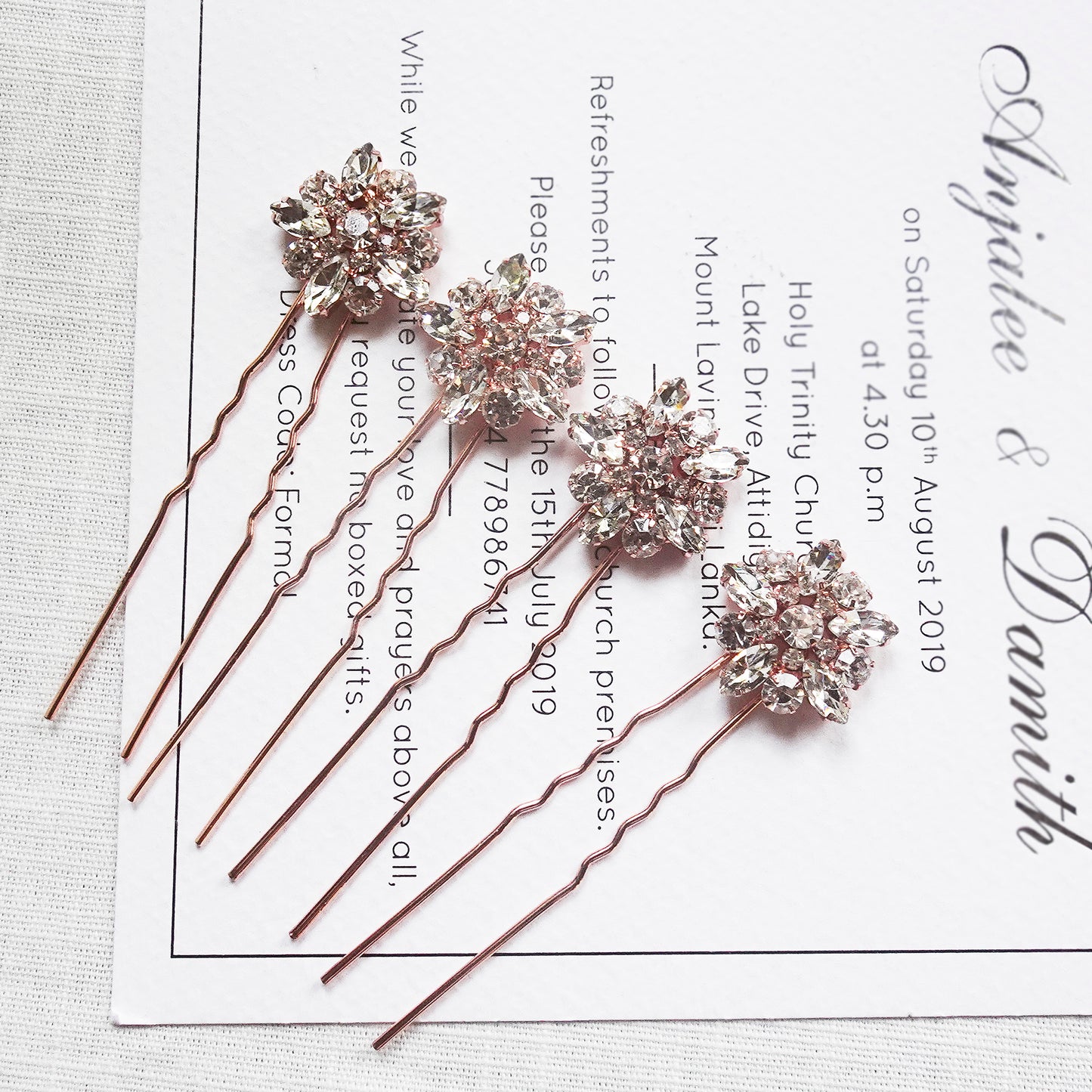 Rose gold flower Crystal Hair Pins for Wedding Set of  4