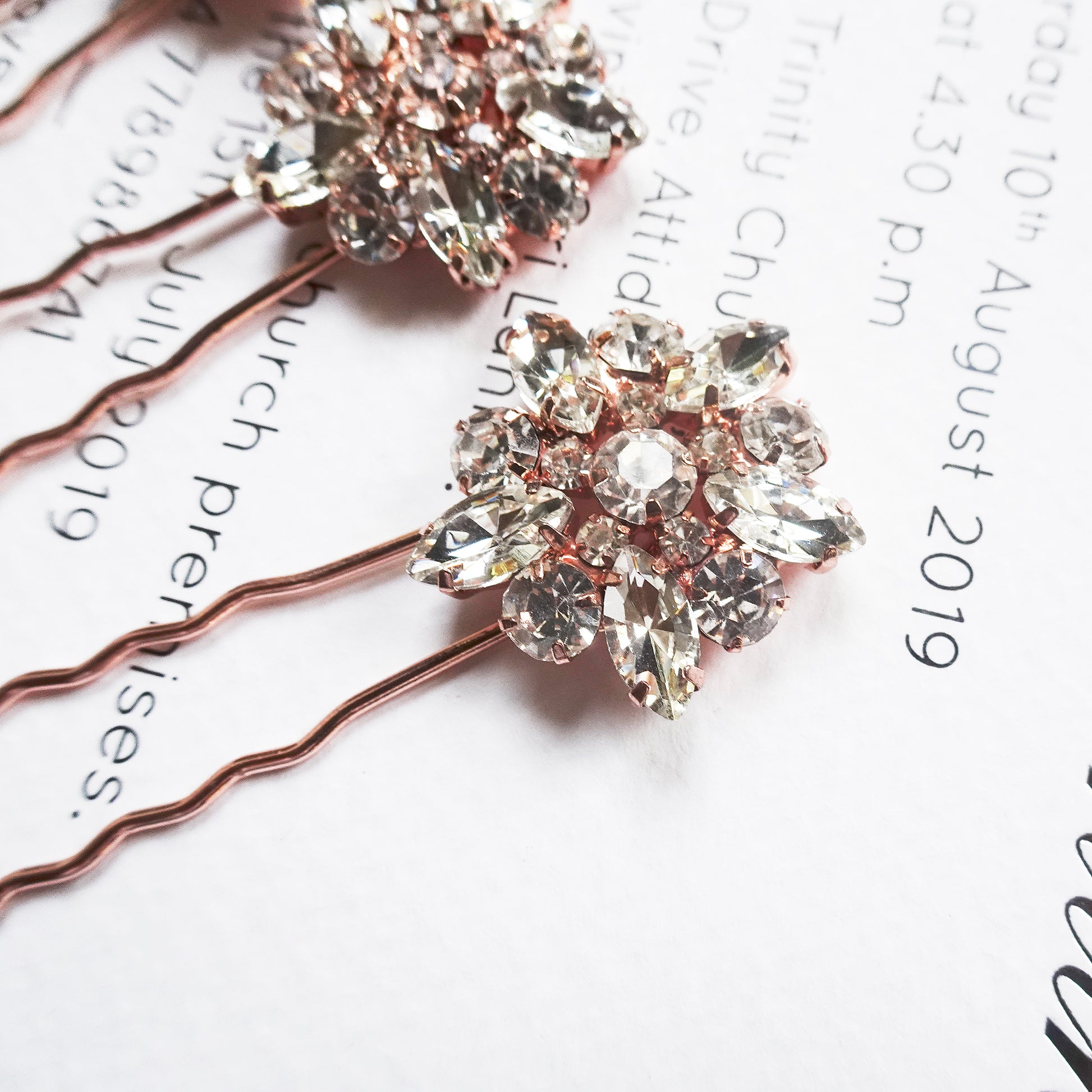 Rose gold flower Crystal Hair Pins for Wedding Set of  4