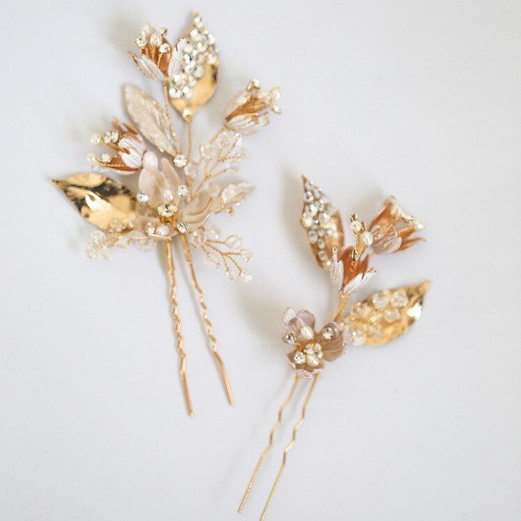 Floral Hair Pin for Wedding - Gold, Set of 2