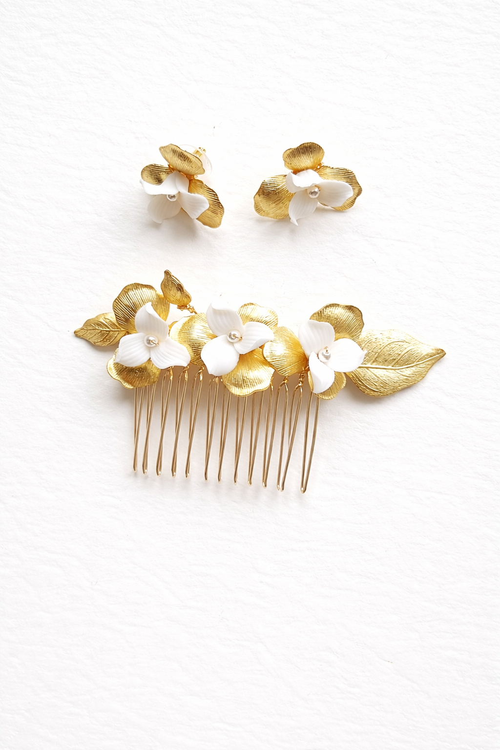 Romantic Gold Leaf Ceramic Flower Bridal Hair Comb