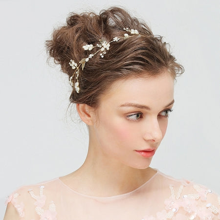 Bridal Hair Vine  with Gold Leaf and Pearl