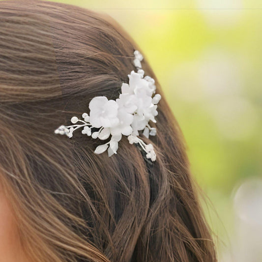 Bridal Hairpiece for Updo, Small Silver Floral Hair Comb with Porcelain Flowers