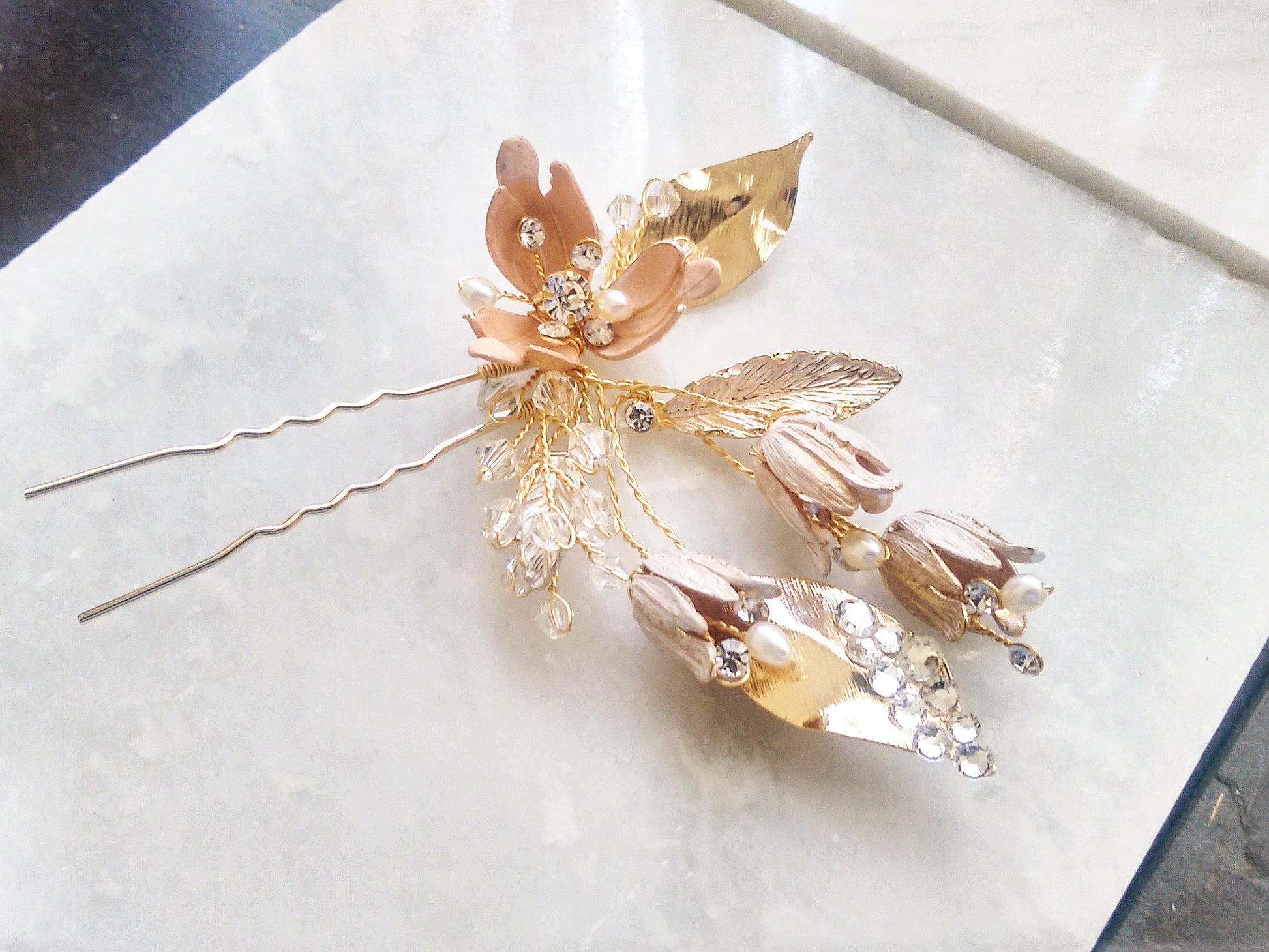 Floral Hair Pin for Wedding - Gold, Set of 2