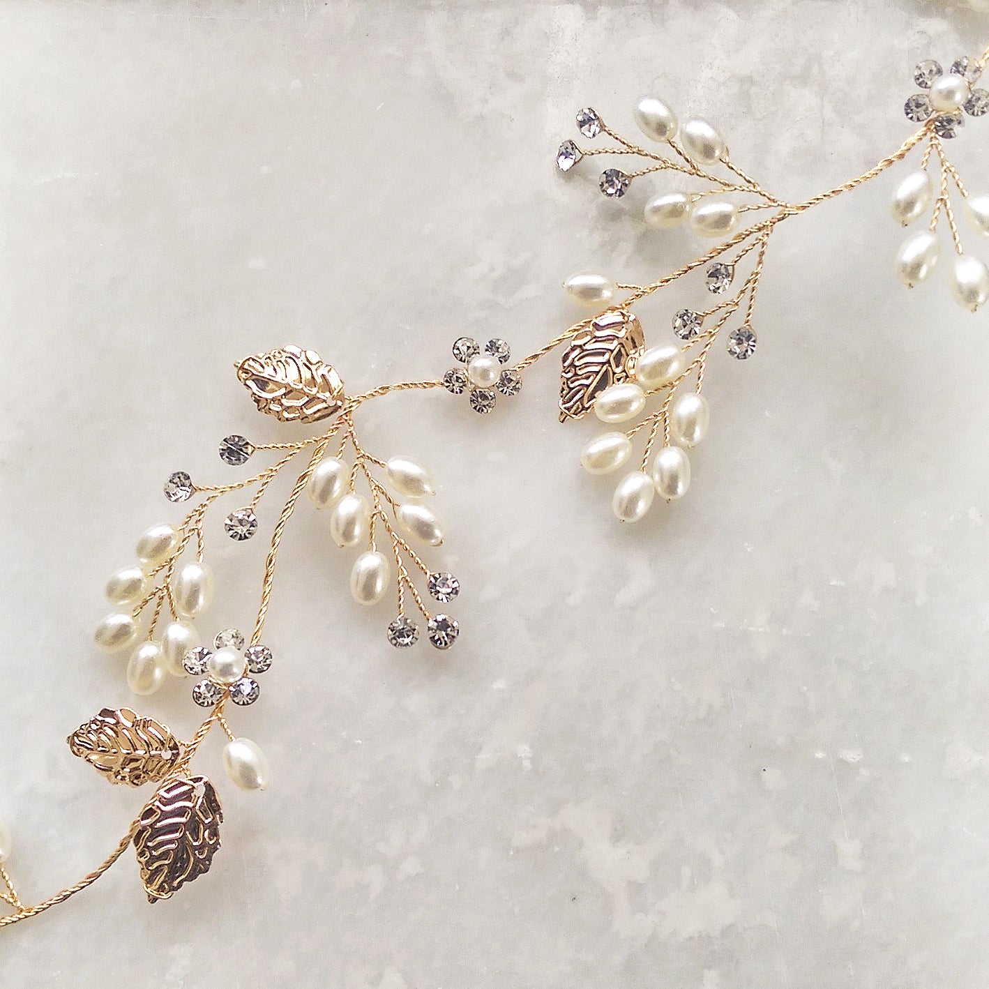 Bridal Hair Vine  with Gold Leaf and Pearl