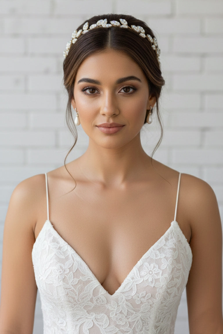 Gold Leaf & Opal Enamel Bridal Headband and Comb Set