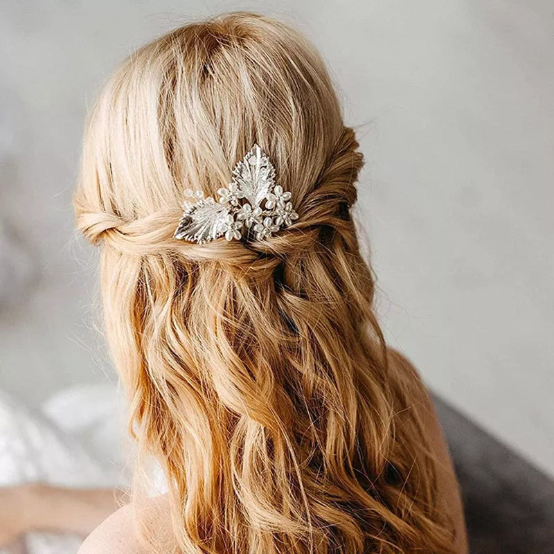 Leaf and pearl bridal hair comb, floral pearl hair accessories