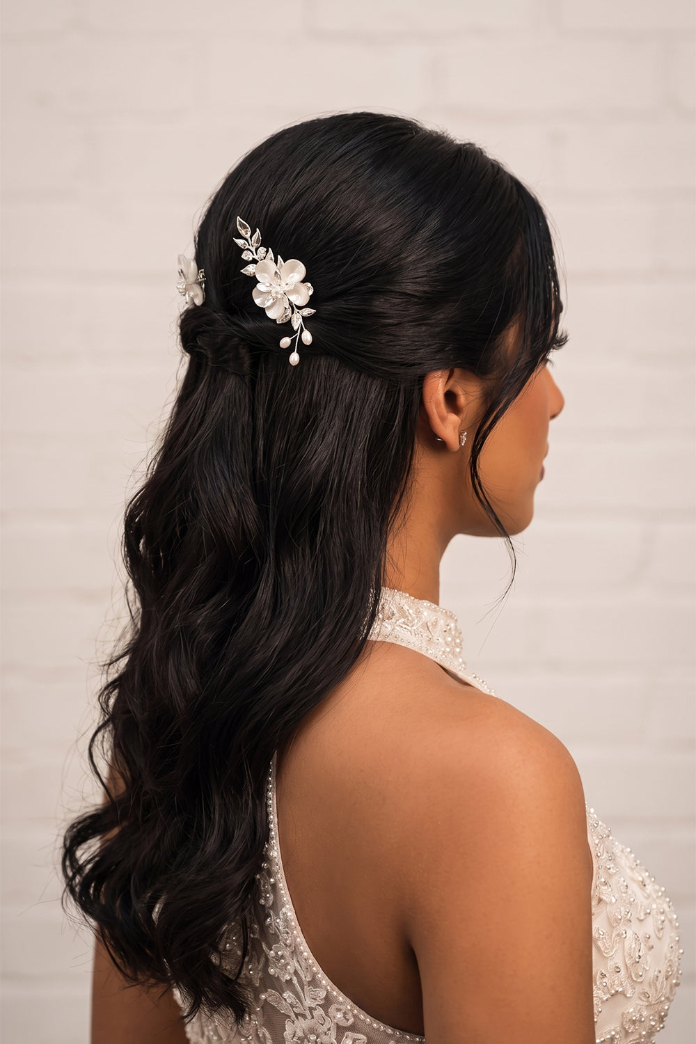 Shell Flower Wedding Comb with Silver Leaves