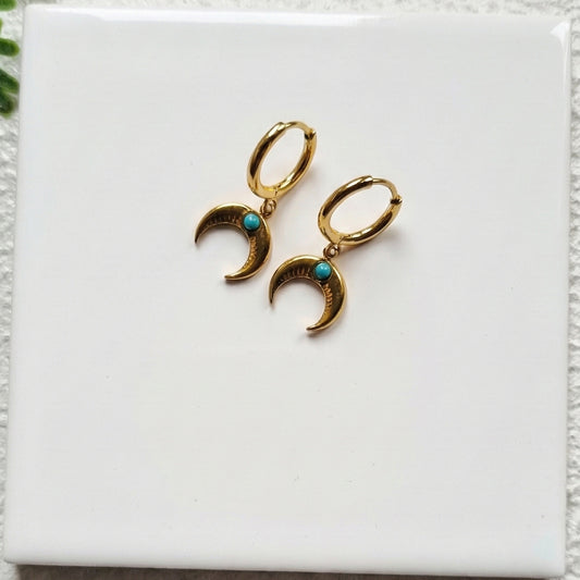 Celestial Moon Turquoise Hoop Earrings | Tarnish-Free Gold